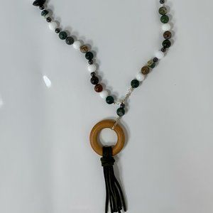 NWT Styled by Christa handmade jade, jasper, and wood necklace with tassel